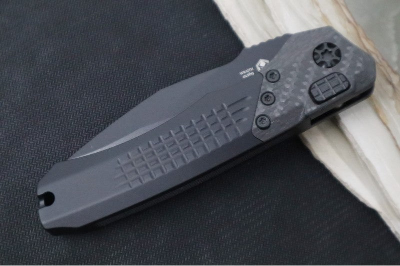 Heretic Knives Wraith Auto - Black DLC Drop Point / Aluminum Handle & Marbled Carbon Fiber Bolster H000-4A-T - Northwest Knives