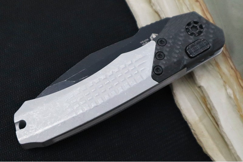 Heretic Knives Wraith Auto - Battleworn Finished Blade / Tanto  / Blizzardworn Aluminum Handle & Carbon Fiber Bolster H100-8A-BLIZZARD