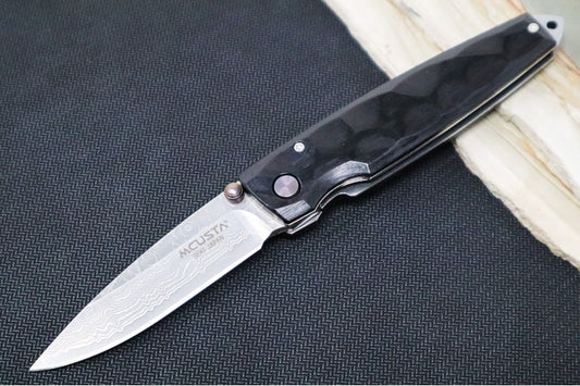 MCUSTA Shinra Emotion Tsuchi Japanese Folding Knife - Damascus Blade / Drop Point / Black Pakka Wood Handle MC-0079DP
