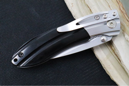 MCUSTA Shinra Mixture Ripple Japanese Folding Knife - 3 Layers SPG2 Powdered Steel (San Mai) Blade / Drop Point / Black Pakka Wood Handle MC-0142G