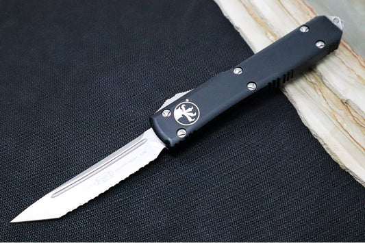 Microtech Ultratech OTF - Tanto Blade with Full Serrate / Stonewash Finish / Black Aluminum Handle 123-12