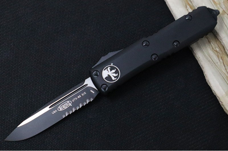 Microtech UTX-85 OTF Tactical - Single Edge with Partial Serrate / Black Finish / Black Body / Black Hardware - 231-2T