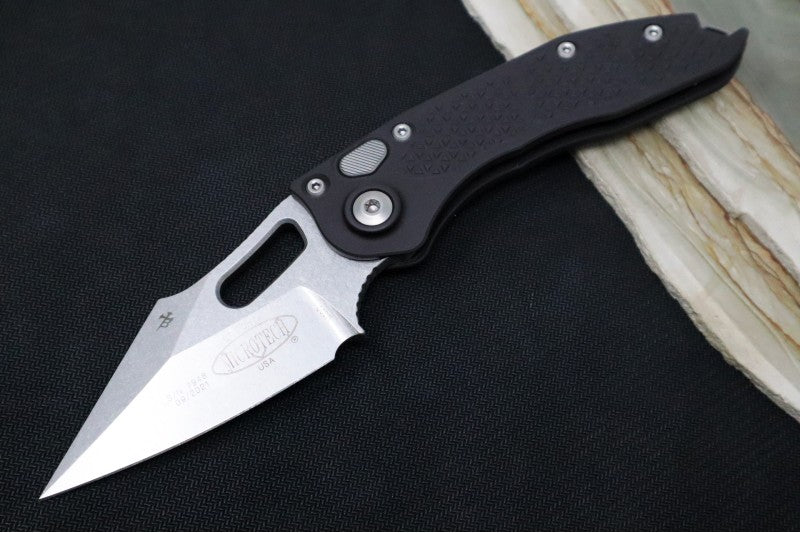 Microtech Stitch Auto - Wharncliffe Stonewashed Blade / Black Textured Milled Aluminum Handle 169-10