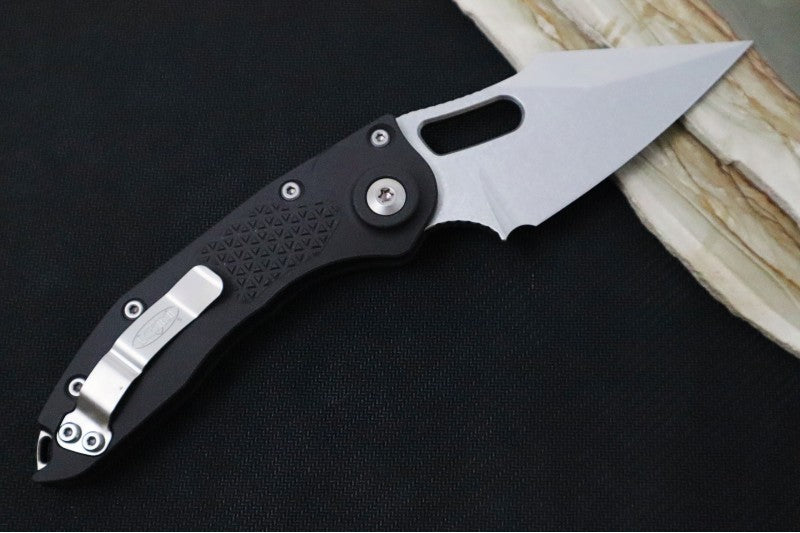 Microtech Stitch Auto - Wharncliffe Stonewashed Blade / Black Textured Milled Aluminum Handle 169-10