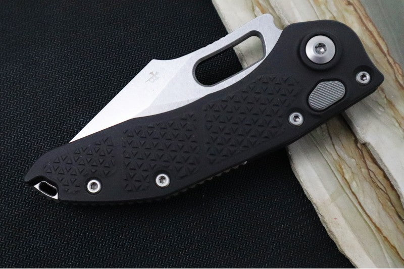 Microtech Stitch Auto - Wharncliffe Stonewashed Blade / Black Textured Milled Aluminum Handle 169-10