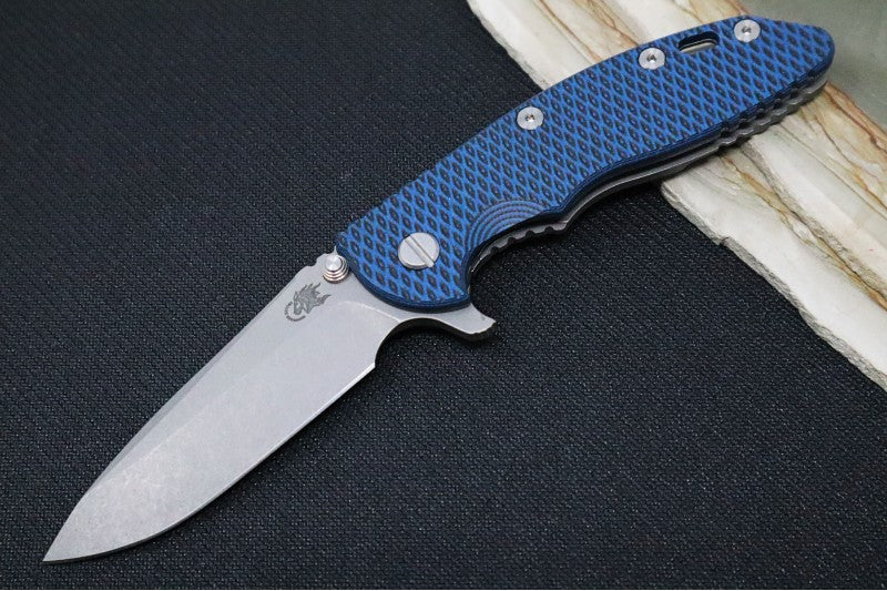 Rick Hinderer Knives XM-18 - 3.5" Spearpoint Blade / Working Finish / Black & Blue G-10 Handle