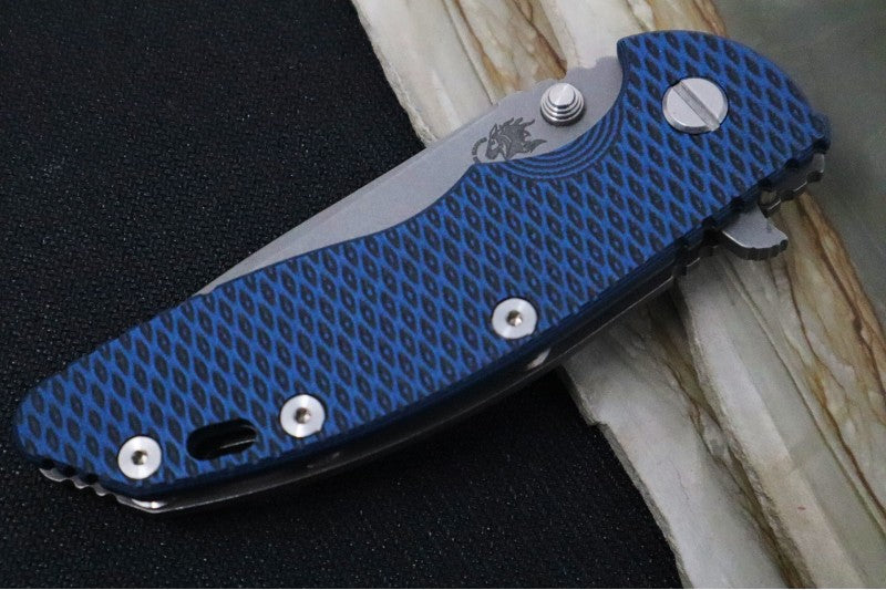 Rick Hinderer Knives XM-18 - 3.5" Spearpoint Blade / Working Finish / Black & Blue G-10 Handle