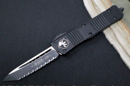 Microtech Combat Troodon OTF Tactical - Black Blade / Fully Serrated Tanto Style / Black Handle - 144-3T