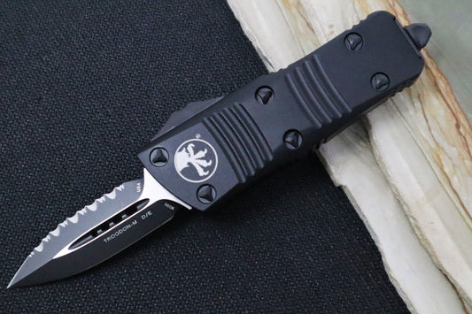 Microtech Mini Troodon Tactical OTF - Full Serrated Dagger Blade / Black Finish / Black Handle & Black Hardware 238-3T