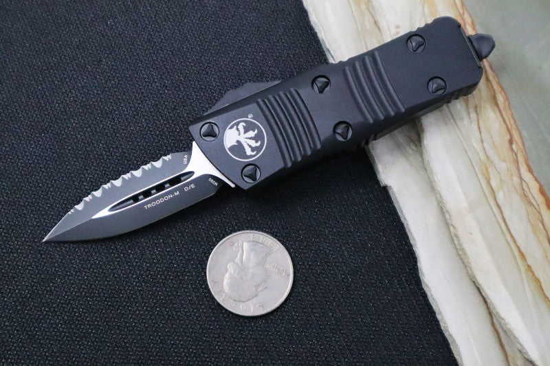 Microtech Mini Troodon Tactical OTF - Full Serrated Dagger Blade / Black Finish / Black Handle & Black Hardware 238-3T