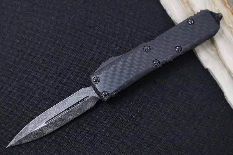 Microtech UTX-85 OTF Signature Series - Double Edge / Damascus Blade / Ringed Hardware / Carbon Fiber & Anodized Aluminum Handle  - 232-16CFS