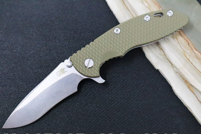 Rick Hinderer Knives XM-18 - Tri Way Pivot- 3.5" Recurve Blade / Stonewash Finish / OD Green G-10 Handle