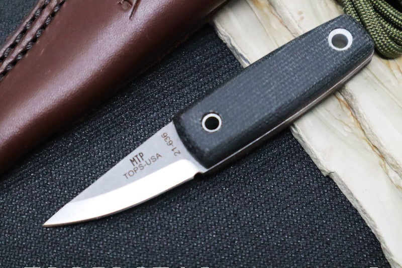 Tops Mini Tanimboca Puukko - 1095 Steel / Black Canvas Micarta Handle / Leather Sheath MPUK-01