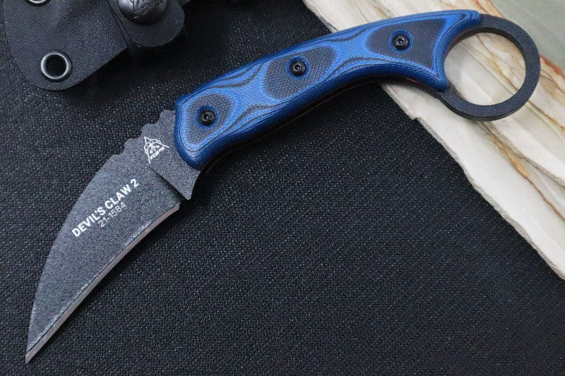 Tops Devil's Claw 2 - 1095 Steel / Black & Blue G-10 Handle / Black Kydex Sheath DEVCL-02 - Northwest Knives