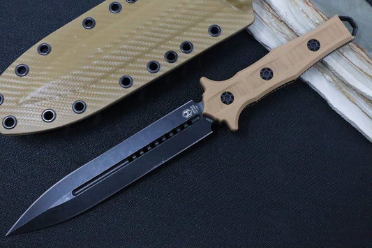Heretic Knives Nephilim Fixed Blade - Battleworn Black Dagger Blade / Elmax Steel / FDE G-10 Handle H003-8A-FDE