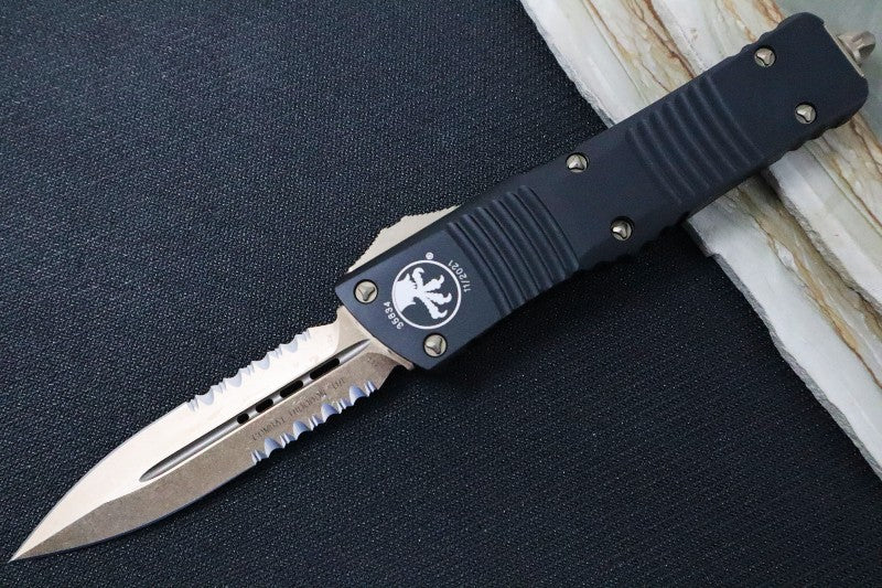 Microtech Combat Troodon OTF - Bronzed Blade / Double Edge with Partial Serrate / Black Anodized Aluminum Handle - 142-14