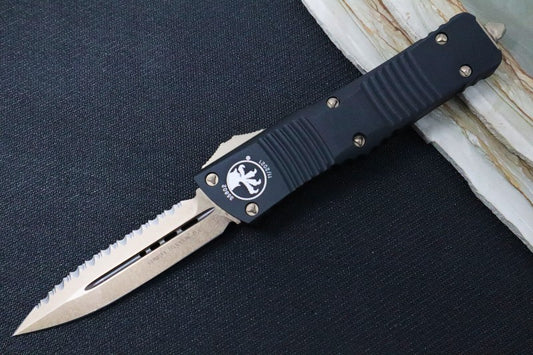 Microtech Combat Troodon OTF - Bronzed Blade / Double Edge with Full Serrate / Black Anodized Aluminum Handle - 142-15