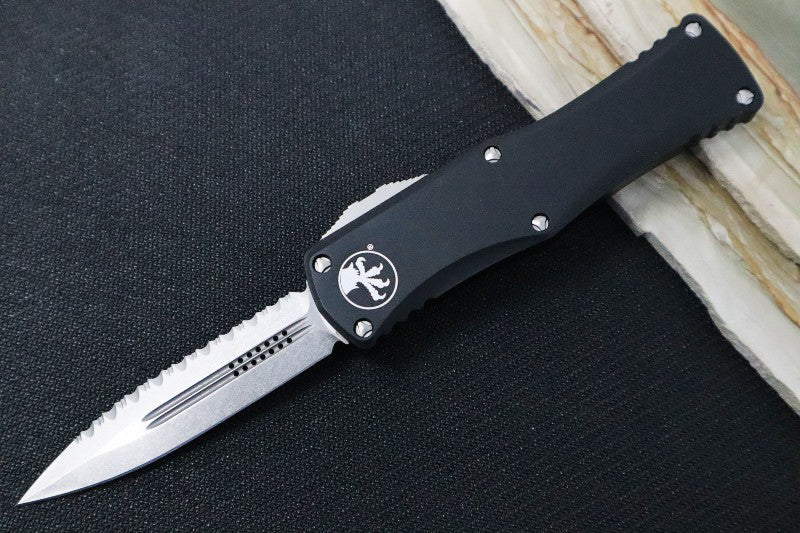 Microtech Hera OTF - Double Edge / Stonewash Blade with Full Serrate / Black Aluminum Handle 702-12