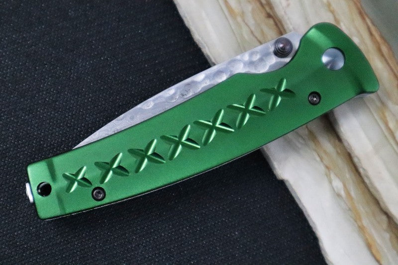 MCUSTA Fusion Japanese Folding Knife - 33 Layered Damascus Blade / Drop Point / Dark Green Aluminum Handle MC-0163D