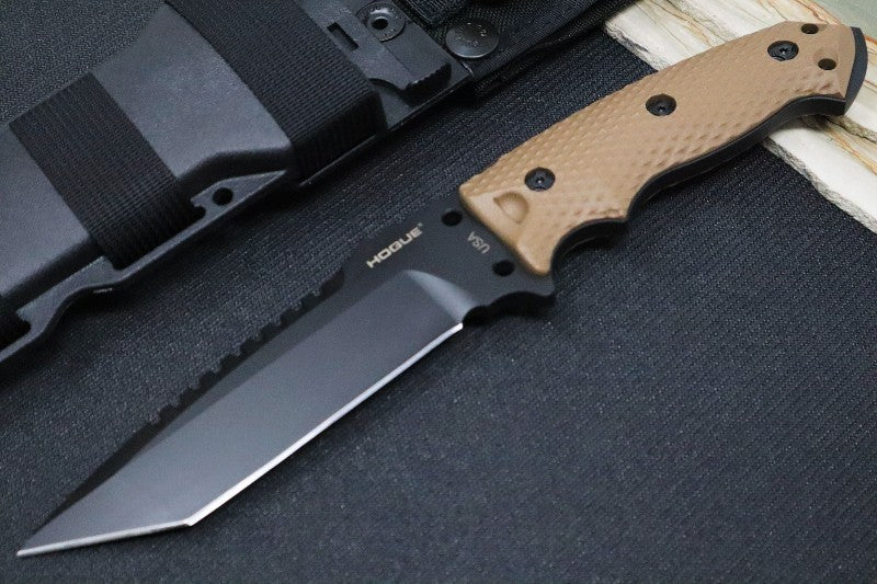 Hogue Knives EX F01 - Solid FDE G-10 Handle Scales / A2 Tool Steel Blade / Black 5.5" Tanto Blade 35127