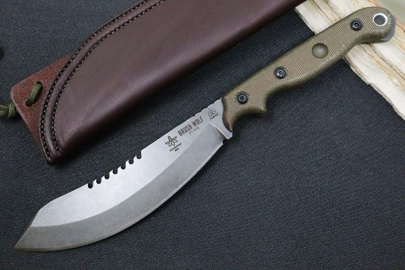 Tops Brush Wolf - 1095 Steel / Green Canvas Micarta Handle / Brown Leather Sheath BWLF-01