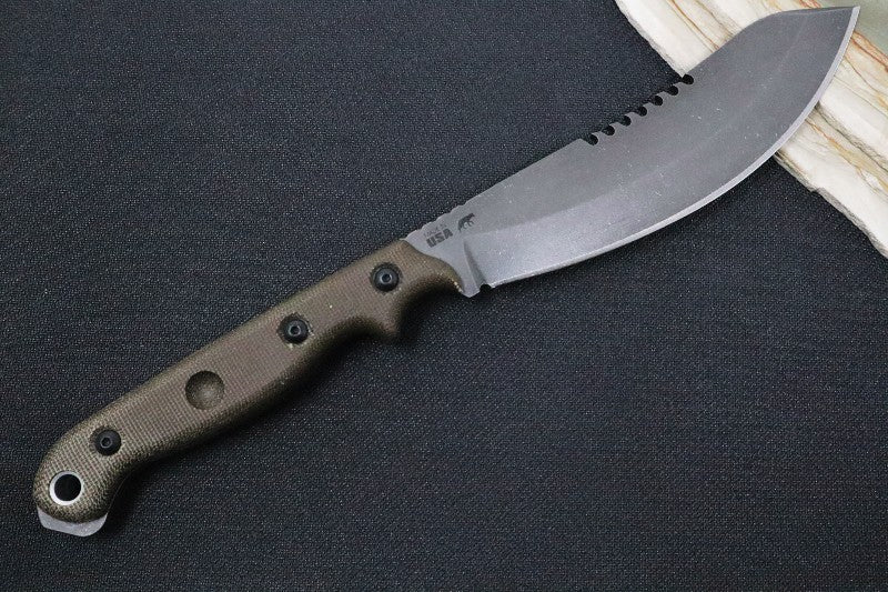 Tops Brush Wolf - 1095 Steel / Green Canvas Micarta Handle / Brown Leather Sheath BWLF-01