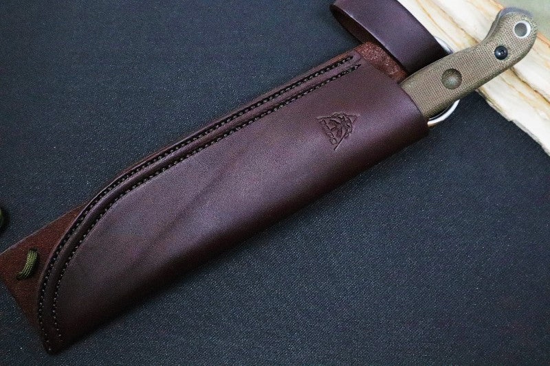 Tops Brush Wolf - 1095 Steel / Green Canvas Micarta Handle / Brown Leather Sheath BWLF-01