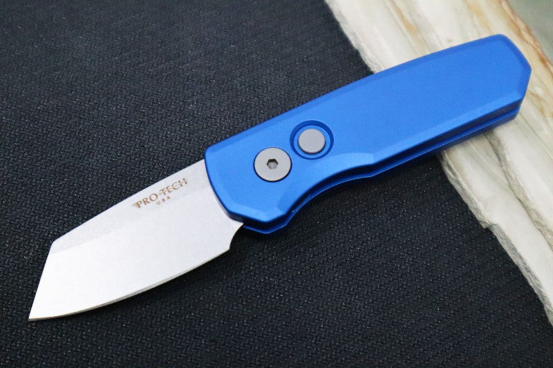 Pro Tech Runt Auto - Blue Aluminum Handle / Stonewashed Reverse Tanto Blade / CPM-20CV Steel R5212-BLUE - Northwest Knives