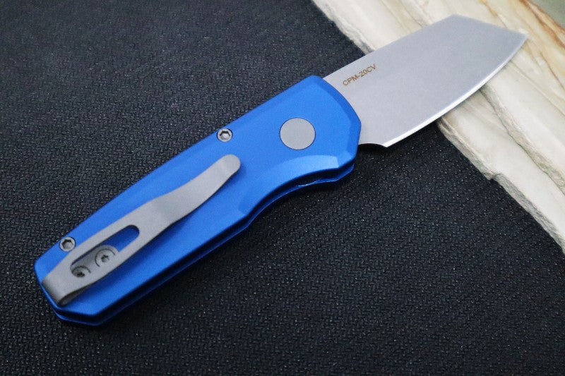 Pro Tech Runt Auto - Blue Aluminum Handle / Stonewashed Reverse Tanto Blade / CPM-20CV Steel R5212-BLUE - Northwest Knives