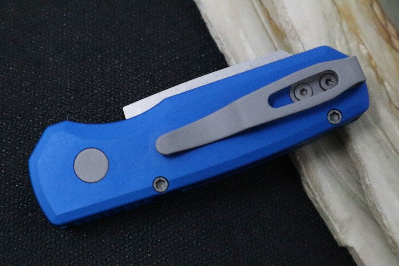 Pro Tech Runt Auto - Blue Aluminum Handle / Stonewashed Reverse Tanto Blade / CPM-20CV Steel R5212-BLUE