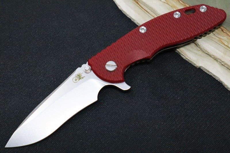 Rick Hinderer Knives XM-18 - Tri Way Pivot- 3.5" Recurve Blade / Stonewash Finish / Red G-10 Handle / Bronze Finished Frame