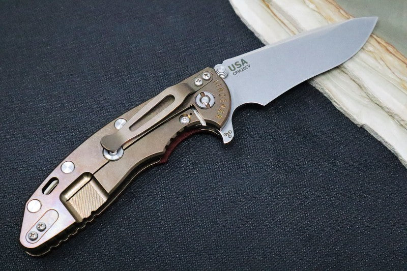 Rick Hinderer Knives XM-18 - Tri Way Pivot- 3.5" Recurve Blade / Stonewash Finish / Red G-10 Handle / Bronze Finished Frame
