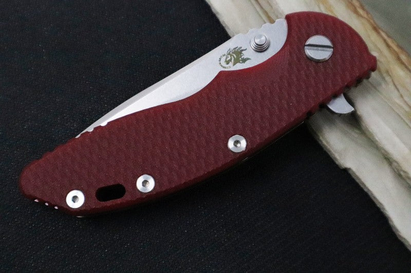 Rick Hinderer Knives XM-18 - Tri Way Pivot- 3.5" Recurve Blade / Stonewash Finish / Red G-10 Handle / Bronze Finished Frame