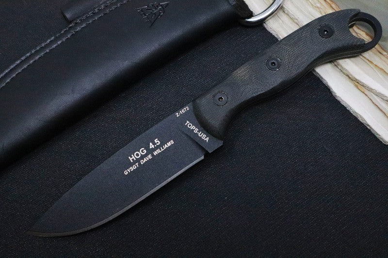 Tops Hunters of Gunsman (HOG 4.5) - 1095 Steel / Black Micarta Handle / Leather Sheath HOG-4.5