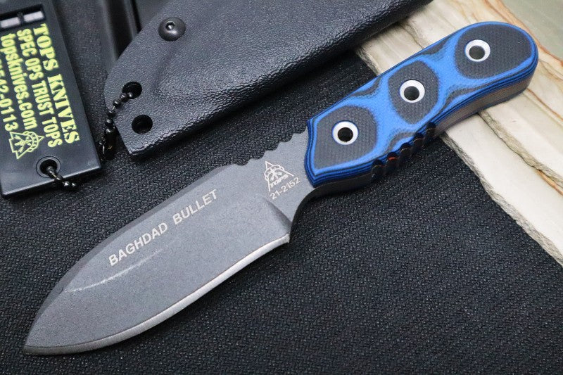 Tops Baghdad Bullet - 1095 Steel / Black & Blue G-10 Handle / Kydex Sheath BADG-03