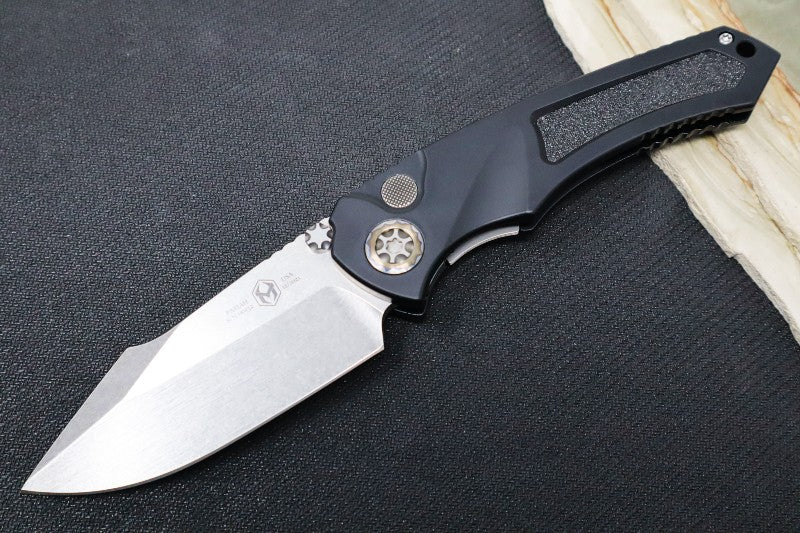 Heretic Knives Pariah Dual Action Auto - Stonewash Blade / Elmax Steel / Black Aluminum Handle & Grip Tape Inlays H048-2A