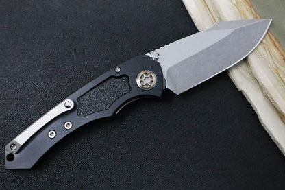 Heretic Knives Pariah Dual Action Auto - Stonewash Blade / Elmax Steel / Black Aluminum Handle & Grip Tape Inlays H048-2A