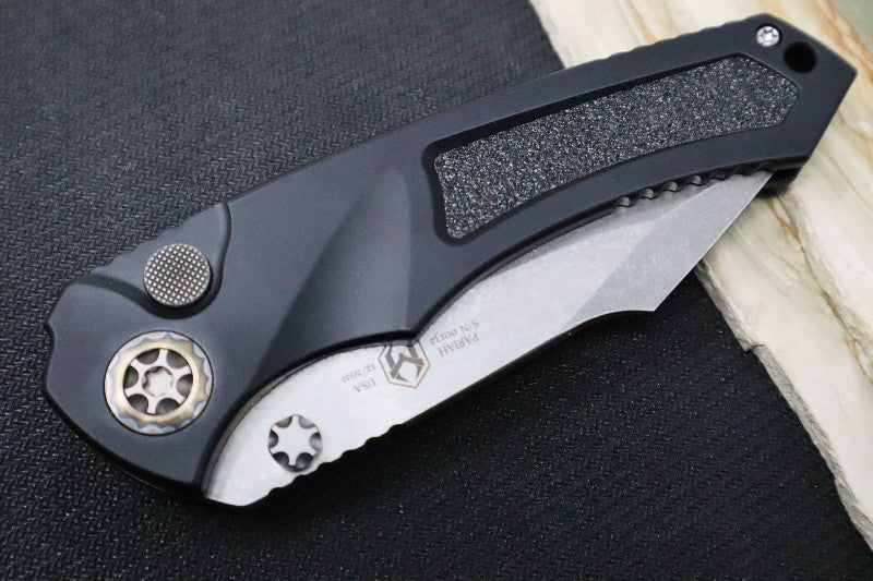 Heretic Knives Pariah Dual Action Auto - Stonewash Blade / Elmax Steel / Black Aluminum Handle & Grip Tape Inlays H048-2A - Northwest Knives