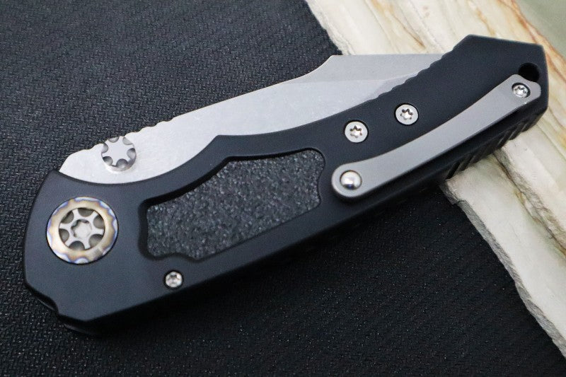 Heretic Knives Pariah Dual Action Auto - Stonewash Blade / Elmax Steel / Black Aluminum Handle & Grip Tape Inlays H048-2A