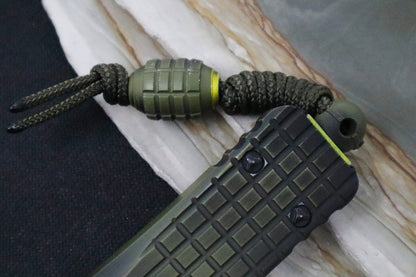 Microtech Combat Troodon OTF Signature Series - Double Reverse Full Serrated Blade / Dagger Style / Frag Grenade Green Aluminum Handle 142-DR12APFOGG