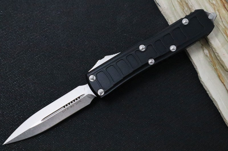 Microtech UTX-85 OTF Signature Series II - Double Edge Dagger / Stonewashed Finish / Stonewashed Hardware & Clip / Textured Black Body  - 232II-10S