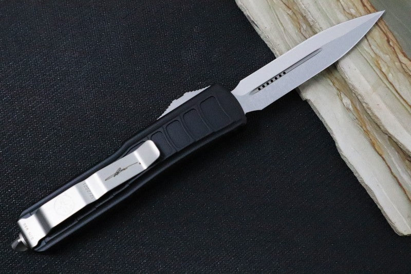 Microtech UTX-85 OTF Signature Series II - Double Edge Dagger / Stonewashed Finish / Stonewashed Hardware & Clip / Textured Black Body  - 232II-10S