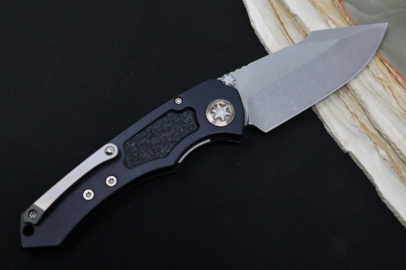 Heretic Knives Pariah Auto - Battleworn Finished Blade / Elmax Steel / Black Aluminum Handle & Grip Tape Inlays H048-5A