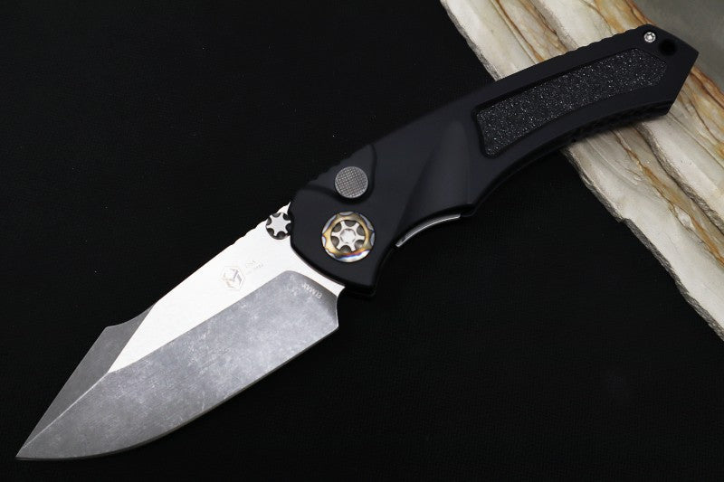 Heretic Knives Pariah Auto - Battleworn Finished Blade / Elmax Steel / Black Aluminum Handle & Grip Tape Inlays H048-5A - Northwest Knives