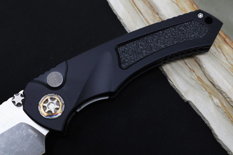 Heretic Knives Pariah Auto - Battleworn Finished Blade / Elmax Steel / Black Aluminum Handle & Grip Tape Inlays H048-5A
