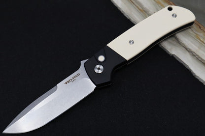 Pro Tech Terzuloa ATCF Auto - Black Aluminum & Ivory Micarta Handle / 3D Titanium Clip / Stonewash Drop Point Blade / CPM-Magnacut Steel BT2751