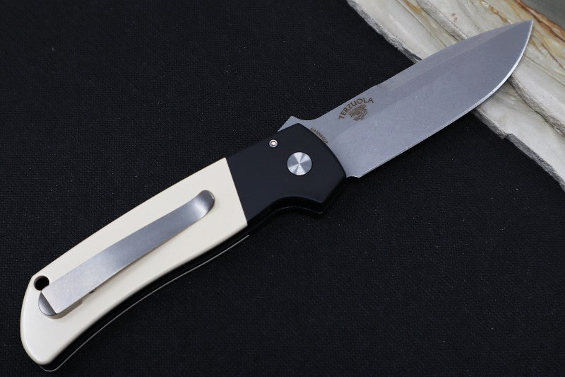 Pro Tech Terzuloa ATCF Auto - Black Aluminum & Ivory Micarta Handle / 3D Titanium Clip / Stonewash Drop Point Blade / CPM-Magnacut Steel BT2751 - Northwest Knives