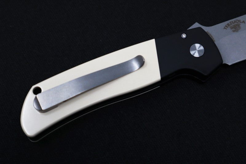 Pro Tech Terzuloa ATCF Auto - Black Aluminum & Ivory Micarta Handle / 3D Titanium Clip / Stonewash Drop Point Blade / CPM-Magnacut Steel BT2751 - Northwest Knives