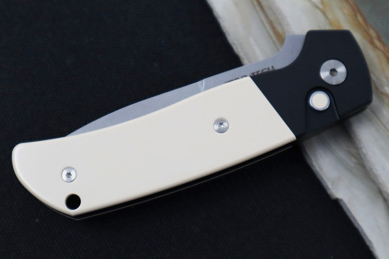 Pro Tech Terzuloa ATCF Auto - Black Aluminum & Ivory Micarta Handle / 3D Titanium Clip / Stonewash Drop Point Blade / CPM-Magnacut Steel BT2751