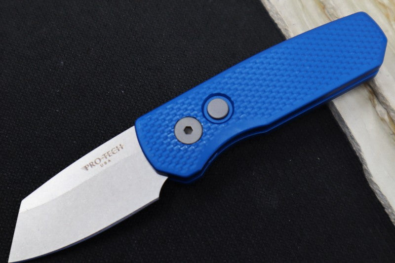 Pro-Tech Runt Auto - Blue Textured Aluminum Handle / Stonewashed Reverse Tanto Blade / CPM-20CV Steel R5205-BLUE